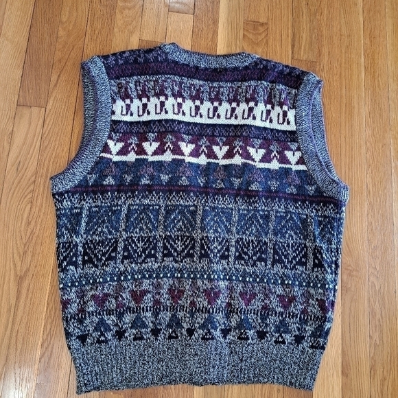 Vintage Impact Men's Sweater Vest 80's Leather Patches Geometric Grunge V-neck L - Picture 7 of 8